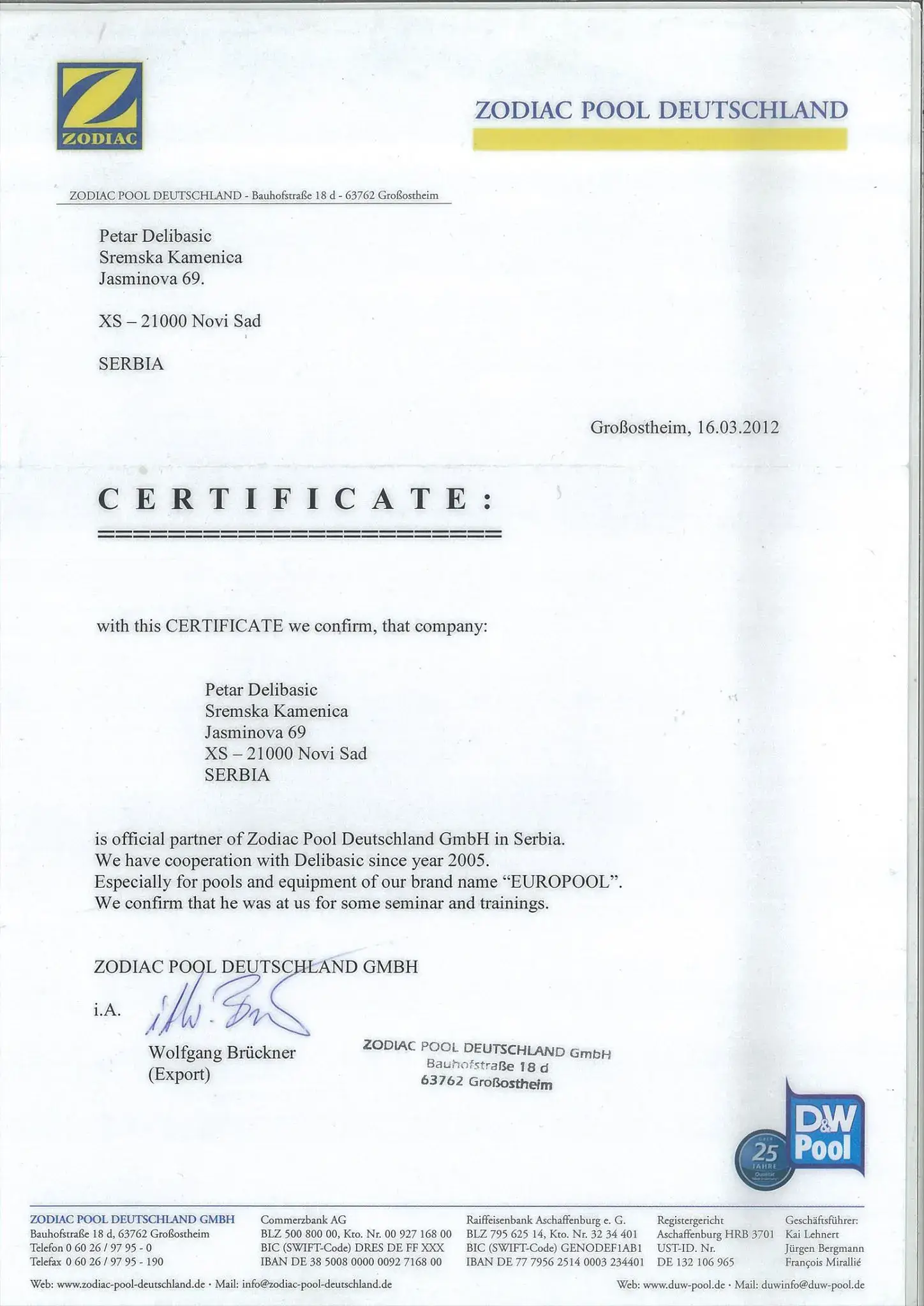 Zodiac sertifikat za bazene